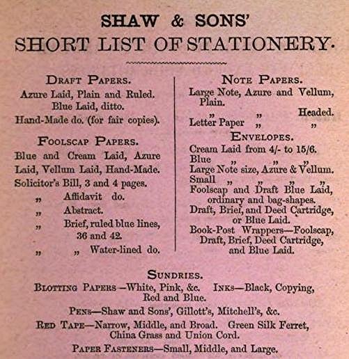 1880 Shaw's Sundries including red tape and green ferret small.jpg (55926 bytes)